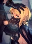  1boy 1girl bangs black_gloves blonde_hair blue_eyes breasts fellatio gloves hand_on_another&#039;s_head looking_at_viewer mask mouth_mask mouth_veil nier_(series) nier_automata nipples operator_21o optionaltypo oral saliva see-through short_hair shorts small_breasts yorha_no._9_type_s 