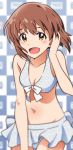  1girl :d absurdres akizuki_ritchan bangs bikini bikini_skirt blurry blurry_background blush breasts brown_eyes brown_hair cleavage collarbone cowboy_shot floating_hair groin hagiwara_yukiho hand_in_hair highres idolmaster idolmaster_(classic) leaning_forward looking_at_viewer medium_breasts medium_hair miniskirt navel open_mouth shiny shiny_hair skirt smile solo standing swimsuit white_bikini white_skirt 