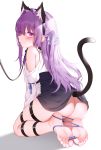  1girl animal_ear_fluff animal_ears ass bangs barefoot black_skirt blue_ribbon blush cat_ears cat_tail commentary_request eyes_visible_through_hair fake_animal_ears full_body hair_intakes hair_ornament hairclip highres leash long_hair looking_at_viewer looking_back original purple_eyes purple_hair ribbon shadow shirt shirt_tucked_in shoulder_cutout simple_background skirt skirt_lift soles solo sweat tail tail_lift thigh_strap toes white_background white_shirt zhaofeng_yinyue 