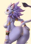  2020 anthro anus areola belladonna_(trials_of_mana) black_sclera blush breasts butt ear_piercing ear_ring felid female finger_claws fur genitals hand_on_butt hi_res inner_ear_fluff kemono looking_back mammal multicolored_body multicolored_fur nipples piercing purple_body purple_fur pussy simple_background solo trials_of_mana tuft two_tone_body two_tone_fur white_background white_body white_fur wolflong yellow_eyes 