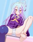  armad barefoot blue_hair blue_legwear blush cameltoe commentary_request feet hair_between_eyes knees long_hair looking_at_viewer no_game_no_life no_shoes panties pantyshot parted_lips purple_serafuku school_uniform serafuku shiny shiny_skin shiro_(no_game_no_life) single_thighhigh soles solo spread_legs striped striped_panties thighhighs thighs toes underwear yellow_eyes 