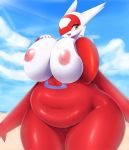  2020 anthro anthrofied areola beach belly big_breasts blue_markings breast_grab breast_squeeze breasts countershading curvy_figure cute_fangs detailed_background eyelashes female fingers front_view genitals hand_on_breast huge_breasts latias legendary_pok&eacute;mon looking_at_viewer markings mleonheart navel nintendo nipples nude open_mouth open_smile outside overweight overweight_female pok&eacute;mon pok&eacute;mon_(species) pussy red_body red_wings sand sea seaside sky slightly_chubby smile solo thick_thighs video_games voluptuous water white_countershading wide_hips wings yellow_eyes 