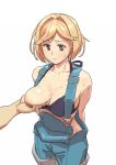  1girl bikini bikini_top black_bikini blonde_hair blue_overalls breast_grab breasts brown_eyes djeeta_(granblue_fantasy) grabbing granblue_fantasy ishinoyari looking_down medium_breasts nipples overalls short_hair simple_background solo_focus sweat swimsuit white_background 