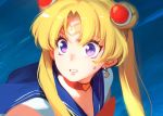  1girl bangs bishoujo_senshi_sailor_moon blonde_hair blue_background blue_sailor_collar bow bowtie breasts choker cleavage crescent crescent_earrings derivative_work diadem earrings from_side hair_ornament heart heart_choker jewelry parted_bangs parted_lips patipat_asavasena purple_eyes red_choker red_neckwear sailor_collar sailor_moon sailor_moon_redraw_challenge school_uniform screencap_redraw serafuku simple_background solo sweatdrop twintails upper_body 