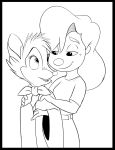  anthro black_border border bottomwear cape clothing crossover disney don_bluth dsketch3r_(artist) duo eye_contact female female/female goof_troop hands_on_shoulders hi_res humanoid jeans looking_at_another monochrome mrs._brisby pairing pants roxanne_(goof_troop) shirt the_secret_of_nimh topwear 