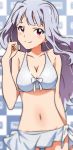  1girl absurdres akizuki_ritchan arm_behind_back bangs bikini blurry blurry_background bow breasts cleavage closed_mouth collarbone cowboy_shot groin highres idolmaster idolmaster_(classic) long_hair looking_at_viewer medium_breasts navel red_eyes sarong shijou_takane shiny shiny_hair silver_hair smile solo standing swimsuit thigh_gap very_long_hair white_bikini white_bow 