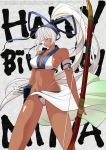  1girl absurdres bow_(weapon) breasts dark_skin eyepatch fundoshi highres japanese_clothes long_hair majikina_mina navel ponytail samurai_spirits tan towoko_(orange_bitch) very_long_hair weapon white_hair 