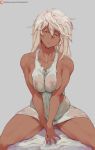  1girl artist_name bangs bare_shoulders breasts cleavage closed_mouth covered_nipples curvy cutesexyrobutts dark_skin facing_viewer grey_background guilty_gear hair_between_eyes highres holding large_breasts lips long_hair looking_at_viewer messy_hair muscle muscular_female nipples orange_eyes patreon_logo patreon_username ramlethal_valentine see-through shaded_face shirt simple_background sitting sleeveless sleeveless_shirt solo thick_thighs thighs white_eyelashes white_hair white_shirt 