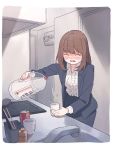  1girl air_conditioner alcohol beer_can blush brown_hair business_suit can chopsticks closed_eyes collared_shirt commentary cup eyebrows_visible_through_hair formal frilled_blouse highres jacket kitchen ladle medium_hair mug nirareba open_mouth original pouring shirt sink stove suit translated 