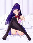  1girl bakusai bangs black_legwear blunt_bangs bow bowtie bra breasts cleavage closed_mouth clothes_down hair_ornament head_tilt high_ponytail indoors izayoi_liko long_hair looking_at_viewer mahou_girls_precure! medium_breasts miniskirt on_bed open_clothes open_shirt panties pantyhose pantyhose_pull pink_bra pink_panties precure purple_hair purple_skirt red_bow red_eyes red_neckwear shiny shiny_hair shirt sitting sitting_on_bed skirt smile solo underwear very_long_hair white_shirt 