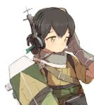  1girl alchera black_hair commentary flight_deck gloves grey_gloves headset kantai_collection kasuga_maru_(kantai_collection) light_brown_eyes short_ponytail simple_background solo taiyou_(kantai_collection) upper_body white_background 