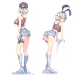  1girl a.x. absurdres animal_ears ass bare_shoulders baseball_cap black_hairband blue_shorts boots breasts brown_tank_top bunny_ears covered_nipples fake_animal_ears from_behind hairband hat high_heel_boots high_heels highres holster large_breasts leaning_forward looking_at_viewer looking_back micro_shorts midriff original scowl short_shorts shorts silver_eyes silver_hair tank_top thigh_holster thigh_strap thighs white_footwear 