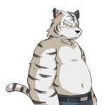  1:1 2011 anthro black_nose blush bottomwear clothing felid fur kui male mammal overweight overweight_male pantherine pants simple_background solo tiger white_background white_body white_fur 