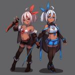  2girls :q ahoge bangs bare_shoulders bikini bikini_top black_footwear black_gloves black_jacket black_legwear black_shorts blue_eyes blue_ribbon blue_skirt blush boots bow breasts brown_legwear closed_mouth collarbone commentary criss-cross_halter crop_top dagger dual_wielding elbow_gloves eyebrows_visible_through_hair fingerless_gloves fur-trimmed_boots fur-trimmed_jacket fur_trim gloves glowing grey_background hair_between_eyes hair_ornament hair_ribbon hairclip halterneck highleg highleg_panties highres holding holding_dagger holding_sword holding_weapon jacket midriff miya_(miyaruta) multiple_girls navel off_shoulder open_clothes open_jacket original panties parted_bangs pleated_skirt pointy_ears ponytail red_bow red_eyes red_ribbon ribbon shadow shirt short_shorts shorts silver_hair skirt sleeveless sleeveless_shirt small_breasts smile standing swimsuit sword symbol_commentary thighhighs thighhighs_under_boots tongue tongue_out underwear weapon white_bikini white_panties white_shirt 