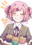  1girl :3 :d ^_^ bangs blush cappuccino1 closed_eyes cupcake doki_doki_literature_club eyebrows_visible_through_hair facing_viewer fang food grey_jacket grin hair_ornament hair_ribbon hairclip jacket long_sleeves natsuki_(doki_doki_literature_club) open_mouth pink_hair red_ribbon ribbon school_uniform shirt short_hair simple_background smile solo swept_bangs tray two_side_up white_shirt wing_collar 