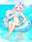  1girl annyeongbangawo bangs bare_arms bare_legs bare_shoulders bikini blue_bikini blue_bow blue_sky blush bow breasts cloud commentary_request day floating_hair hair_bow highres horizon innertube korean_commentary loveoen12 maplestory medium_breasts ocean outdoors parted_bangs parted_lips pink_hair red_eyes signature sky solo striped striped_bow sun sweat swimsuit tankini underboob water 