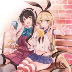  2girls :d absurdres bench black_hair blonde_hair bread brick_wall eating elbow_gloves fang food gloves grey_legwear hairband highleg highleg_panties highres kantai_collection long_hair long_sleeves melon_bread microskirt milk_carton multicolored_hair multiple_girls naganami_(kantai_collection) navel open_mouth panties pink_hair school_uniform serafuku shimakaze_(kantai_collection) side-by-side sitting skirt sleeveless smile striped striped_legwear thighhighs thong two-tone_hair underwear v yunamaro 