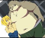  2011 anthro belly black_bars blue_eyes canid canine chizu clothing duo hi_res humanoid_hands kemono letterbox male mammal overweight overweight_male raccoon_dog shirt tanuki topwear underwear undressing 