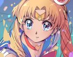  1girl bangs bare_shoulders bishoujo_senshi_sailor_moon blonde_hair blue_eyes blue_sailor_collar blush bow bowtie breasts choker circlet cleavage collarbone commentary commentary_request crescent crescent_earrings derivative_work earrings eyebrows_visible_through_hair eyelashes from_side hair_ornament heart heart_choker iguana_henshuu-chou jewelry parted_bangs parted_lips red_choker red_neckwear sailor_collar sailor_moon sailor_moon_redraw_challenge sailor_senshi_uniform school_uniform screencap_redraw serafuku solo teeth tsukino_usagi twintails twitter_username upper_body 