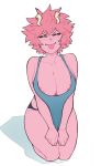  1girl :p areola_slip areolae ashido_mina bare_arms bare_shoulders black_panties blue_tank_top blush boku_no_hero_academia breasts closed_eyes collarbone commentary english_commentary facing_viewer full_body highres horns large_breasts panties pink_hair pink_skin short_hair simple_background sitting smile solo suoiresnu tank_top tongue tongue_out underwear v-shaped_eyebrows white_background 