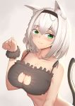  1girl absurdres animal_ears breasts bu_li cat_ears cat_lingerie cat_tail cleavage green_eyes grey_hair highres hololive large_breasts meme_attire paw_pose shirogane_noel short_hair simple_background solo tail virtual_youtuber 