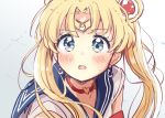  1girl bangs bishoujo_senshi_sailor_moon blonde_hair blue_eyes blue_sailor_collar blush choker circlet commentary_request crescent crescent_earrings derivative_work double_bun earrings eyebrows_visible_through_hair hair_ornament heart heart_choker highres jewelry long_hair parted_bangs parted_lips red_choker sailor_collar sailor_moon sailor_moon_redraw_challenge sailor_senshi_uniform sakura_oriko screencap_redraw shirt sleeveless sleeveless_shirt solo tsukino_usagi twintails upper_body white_shirt 