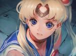 1girl bangs bare_shoulders bishoujo_senshi_sailor_moon blonde_hair blue_eyes blue_sailor_collar blush bow bowtie breasts choker cleavage clenched_teeth collarbone commentary crescent crescent_earrings densen_(itoguchi) derivative_work earrings eyebrows_visible_through_hair eyelashes from_side hair_ornament heart heart_choker highres jewelry parted_bangs parted_lips red_choker red_neckwear sailor_collar sailor_moon sailor_moon_redraw_challenge school_uniform screencap_redraw serafuku solo sweatdrop teeth tiara tsukino_usagi twintails twitter_username upper_body 