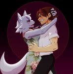  angry anthro bodily_fluids canid canine canis claws clothing domestic_dog dress dress_shirt drooling duo fangs female flower hi_res human kissing male male/female mammal plant saliva shirt topwear trevhart wolf 