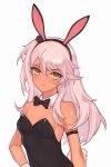  1girl animal_ears armband bangs bare_shoulders black_leotard blush bow bowtie breasts bunny_ears bunnysuit chloe_von_einzbern dark_skin detached_collar fate/kaleid_liner_prisma_illya fate_(series) hairband leotard long_hair looking_at_viewer one_side_up pink_hair shiny shiny_hair simple_background small_breasts solo strapless strapless_leotard tutou_jiang white_background wrist_cuffs yellow_eyes 