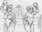  animal_crossing anthro bovid boxing boxing_gloves caprine clothing dcheese dom_(animal_crossing) duo female fighting_ring fur handwear hi_res horn leotard male male/female mammal monochrome nintendo open_mouth paula_(animal_crossing) sheep smile speedo sport swimwear thong traditional_media_(artwork) underwear ursid video_games wool_(fur) 