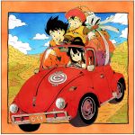  1girl 2boys :d arm_support bag bangs bare_arms bare_shoulders black_eyes black_hair blue_sky blunt_bangs border box bracelet capsule_corp car chi-chi_(dragon_ball) cloud cloudy_sky convertible couple day dougi dragon_ball dragon_ball_(object) dragon_ball_z driving family father_and_son fingernails floating_hair full_body grass ground_vehicle hair_bun hand_on_another&#039;s_waist happy hat hetero highres jewelry long_sleeves looking_afar looking_at_another messy_hair monkey_tail mother_and_son motor_vehicle mountain multiple_boys nature neckerchief open_mouth orange_border orange_neckwear outdoors outside_border package red_headwear rock shopping_bag sidelocks sitting sitting_on_person sitting_on_shoulder sky smile son_gohan son_gokuu tail teeth toritoki_(trig_tkdb) upper_teeth v-shaped_eyebrows 