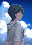  1girl bangs bikini bikini_under_clothes black_hair blue_eyes blue_sky cloud commentary day drawstring eyebrows_visible_through_hair grey_hoodie happa_(cloverppd) highres kantai_collection light_smile looking_away mogami_(kantai_collection) outdoors profile short_hair signature sky solo swimsuit upper_body 