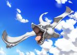  aerodactyl blue_eyes blue_sky cloud cloudy_sky commentary creature day english_commentary flying full_body gen_1_pokemon no_humans open_mouth outdoors pinkgermy pokemon pokemon_(creature) sky solo 