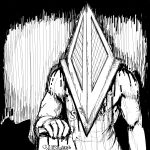  1:1 blood bodily_fluids comic for_a_head hi_res hladilnik humanoid konami male monochrome monstrous_humanoid muscular muscular_male object_head pyramid_head silent_hill solo subway_(restaurant) video_games 