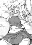  1girl animal_print blush breasts closed_eyes commentary_request cup drunk facing_viewer frog_print greyscale harusame_(unmei_no_ikasumi) hat long_hair long_sleeves long_tongue lying medium_breasts midriff miniskirt monochrome moriya_suwako navel on_back open_mouth shirt sidelocks skirt skirt_set smile solo tatami thighhighs tongue touhou turtleneck vest wide_sleeves 
