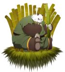  2013 angry anthro bamboo black_body black_fur bottomwear chizu clothing eating fur giant_panda hi_res kemono male mammal overweight overweight_male pants sitting solo ursid white_body white_fur 