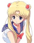  1girl bishoujo_senshi_sailor_moon blonde_hair blue_eyes blue_sailor_collar breasts choker cleavage collarbone crescent crescent_earrings diadem double_bun earrings heart heart_choker highres jewelry long_hair mel_(melty_pot) red_choker sailor_collar sailor_moon sailor_moon_redraw_challenge simple_background solo tsukino_usagi twintails upper_body white_background 