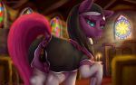  2020 absurd_res anus anus_only broken_horn butt clothed clothed_feral clothing detailed_background dialogue english_text equid eyebrows eyelashes female feral friendship_is_magic hi_res horn inside legwear mammal my_little_pony my_little_pony:_the_movie_(2017) solo teats tempest_shadow_(mlp) text to_fat_to_fly unicorn url 