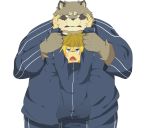  2011 anthro bottomwear brown_body brown_fur canid canine chizu clothing duo fur humanoid_hands kemono male mammal overweight overweight_male pants raccoon_dog shirt simple_background tanuki topwear white_background 