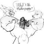  1:1 anthro big_breasts big_penis breasts canid canine canis duo felid feline frontage genitals hi_res male male/male mammal monochrome muscular muscular_male penis rexarum_(artist) text thick_penis thick_thighs touching_breast touching_penis wolf 