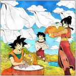  1girl 2boys :d bangs basket black_eyes black_hair blue_sky blunt_bangs boots border bush chi-chi_(dragon_ball) china_dress chinese_clothes closed_mouth clothesline cloud cloudy_sky collarbone day dot_nose dougi dragon_ball dragon_ball_z dress drying drying_clothes family fingernails flying grass hair_bun highres holding holding_basket laundry laundry_basket long_sleeves looking_up mountain multiple_boys nature open_mouth outdoors river rock side_slit sidelocks sitting sky smile soap_bubbles son_gohan son_gokuu spiked_hair teeth toritoki_(trig_tkdb) upper_teeth washing water white_border 