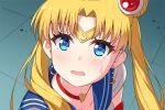  1girl bangs bare_shoulders bishoujo_senshi_sailor_moon blonde_hair blue_eyes blue_sailor_collar blush bow bowtie breasts choker circlet cleavage collarbone commentary crescent crescent_earrings derivative_work earrings eyebrows_visible_through_hair eyelashes from_side hair_ornament heart heart_choker jewelry open_mouth parted_bangs parted_lips red_choker rumaki sailor_collar sailor_moon sailor_moon_redraw_challenge sailor_senshi_uniform school_uniform screencap_redraw serafuku solo sweatdrop teeth tsukino_usagi twintails twitter_username upper_body 