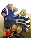  2010 anthro bottomwear brown_body brown_fur canid canine canis clothing domestic_dog duo fur hasukichi humanoid_hands kemono male mammal overweight overweight_male rugby shirt shorts sitting topwear towel 