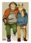  2016 anthro bottomwear brown_body brown_fur canid canine canis clothing domestic_dog duo fur hi_res hug japanese_text kemono male male/male mammal overweight overweight_male pants shirt text topwear yuzpoco 