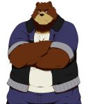  2013 anthro bottomwear brown_body brown_fur chizu clothing fur juuichi_mikazuki kemono male mammal morenatsu overweight overweight_male pants shirt simple_background solo topwear ursid video_games visual_novel white_background 