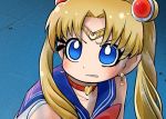  1girl bishoujo_senshi_sailor_moon blonde_hair blue_eyes blue_sailor_collar chamaji choker circlet close-up commentary_request crescent crescent_earrings derivative_work earrings eyebrows_visible_through_hair hair_ornament heart heart_choker jewelry long_hair looking_to_the_side red_choker sailor_collar sailor_moon sailor_moon_redraw_challenge sailor_senshi sailor_senshi_uniform screencap_redraw sleeveless solo sweatdrop tsukino_usagi twintails 