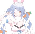  1girl ;q animal_ear_fluff animal_ears arm_up bangs bare_shoulders blue_hair blush bow braid breasts brown_eyes bunny_ears carrot_hair_ornament closed_mouth detached_sleeves dress eyebrows_visible_through_hair food_themed_hair_ornament hair_bow hair_ornament hololive long_hair multicolored_hair one_eye_closed puffy_short_sleeves puffy_sleeves short_sleeves simple_background small_breasts smile solo strapless strapless_dress tadanoshi_kabane thick_eyebrows tongue tongue_out twin_braids twintails two-tone_hair upper_body usada_pekora v_over_eye very_long_hair virtual_youtuber white_background white_bow white_dress white_hair white_sleeves 