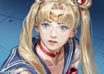  1girl bangs bare_shoulders bishoujo_senshi_sailor_moon blonde_hair blue_eyes blue_sailor_collar blush bow bowtie breasts choker circlet cleavage clenched_teeth collarbone commentary crescent crescent_earrings derivative_work earrings eyebrows_visible_through_hair eyelashes from_side hair_ornament heart heart_choker jane_mere jewelry parted_bangs parted_lips red_choker red_neckwear sailor_collar sailor_moon sailor_moon_redraw_challenge sailor_senshi_uniform school_uniform screencap_redraw serafuku solo teeth tsukino_usagi twintails twitter_username upper_body 