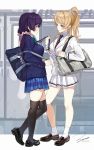  2girls alternate_costume ankle_socks ayase_eli bag black_legwear blazer blonde_hair blue_eyes blue_skirt commentary_request from_side full_body green_eyes green_neckwear highres jacket loafers long_hair love_live! love_live!_school_idol_project low_twintails multiple_girls neckerchief otonokizaka_school_uniform plaid plaid_skirt pleated_skirt ponytail profile purple_hair school_bag school_uniform scrunchie shoes skirt standing striped striped_neckwear thighhighs toujou_nozomi train_interior twintails utx_school_uniform white_scrunchie white_skirt zawawa_(satoukibi1108) 