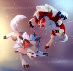  2016 ambiguous_gender anthro blue_eyes brown_body brown_fur canid canine claws feral fur hair low_res lycanroc mammal midday_lycanroc midnight_lycanroc nintendo open_mouth pok&eacute;mon pok&eacute;mon_(species) red_body red_eyes red_fur red_sclera royalnoir sharp_teeth signature spikes teeth video_games white_hair yellow_sclera 
